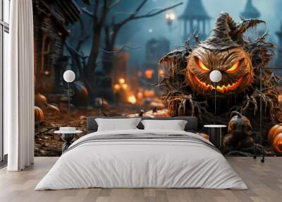 Halloween scene, a pumpkin head laughing evil, with lots of pumpkins around, horror, scary Wall mural