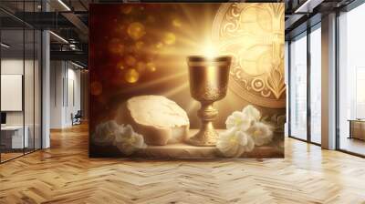 Holy communion background, golden chalice, generative ai Wall mural