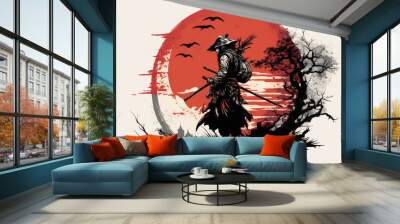 Illustration of a Japanese warrior in an ink circle with red sun, generative ai Wall mural