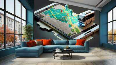 online map navigator on smartphone, transport bus concept, gps, generative ai Wall mural