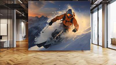 skier is skiing down the slope of a snowy mountain, winter extreme sports Wall mural