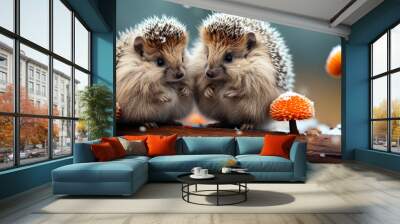 two cute little hedgehogs together on a snowy branch, winter, christmas, love Wall mural