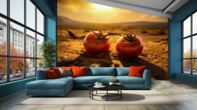 two tomatoes on a dirt field of nature, drought, lack of water, environment, generative ai Wall mural