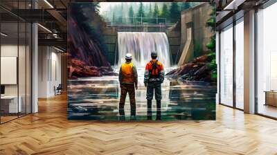 two workers are watching a dam, painting style, generative ai Wall mural