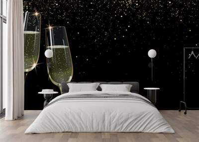 Congratulatory Horizontal Banner with Glasses of Champagne and Golden Confetti Wall mural