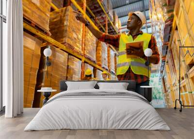 Afican Black warehouse worker with tablet portrait, Wall mural