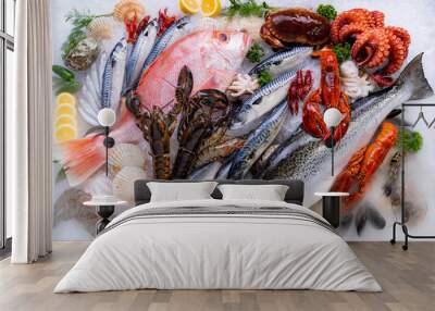 Fresh seafood on ice background. Wall mural