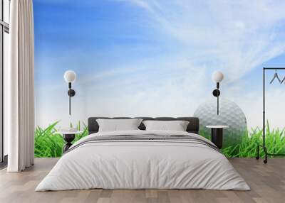 golf ball on green grass against blue sky Wall mural