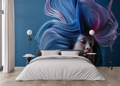 3D illustration of a woman's head with vibrant blue and pink hair on a dark background, futuristic concept art portrait Wall mural