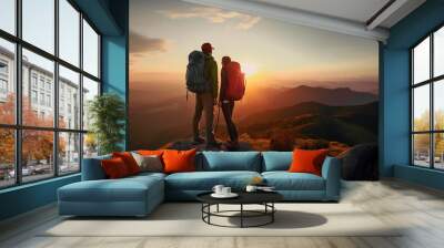 A pair of man and woman friends standing on top of a mountain together on a hike with backpacks in the sunset sunlight, a view of the beautiful scenery from above, a family hike. Generative AI. Wall mural