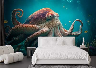 A Realistic Octopus Squirming Through a Reef in the Ocean. Generative AI. Wall mural