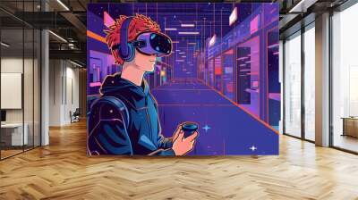 A young man wearing virtual reality goggles stands in a futuristic digital environment with vibrant colors Wall mural