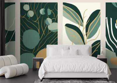 abstract leaf art poster jungle set illustration template design nature. Generative AI. Wall mural