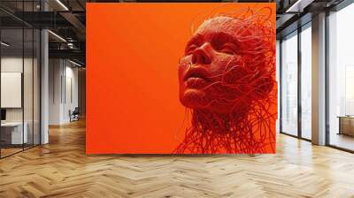 Abstract portrait of a woman with wires in her hair on vibrant orange background, futuristic technology concept Wall mural