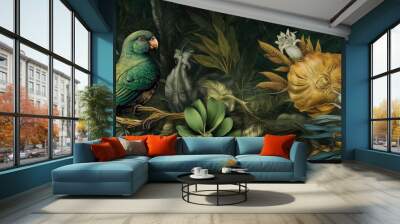 art tropical nature wallpaper jungle flower leaf exotic bird palm. Generative AI. Wall mural