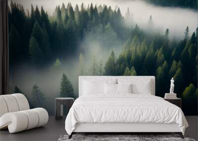 Carbon free concept foggy forest in the clouds. The forest protects the world from emissions of CO2 pollutants, a forest in the midst of carbon monoxide. Generative AI Wall mural