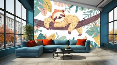 Cartoon sloth relaxing on tree branch with leaves and flowers in background in nature environment sketch illustration Wall mural