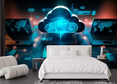 Cloud technology concept. Data center concept. Modern cloud technologies. Neon colors, cyber space, isometric illustration network with computer, laptop, tablet and smartphone. For web. Generative AI Wall mural