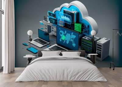 Cloud technology concept. Data center concept. Modern cloud technologies. Neon colors, cyber space, isometric illustration network with computer, laptop, tablet and smartphone. For web. Generative AI Wall mural