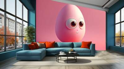 Colored Easter Egg pink character with face and eyes cute surprise, fun concept for the spring Easter holiday. Generative AI Wall mural