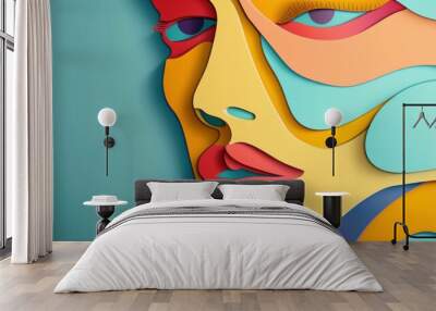 Colorful abstract paper cutout portrait with various shapes and designs of a woman's face Wall mural