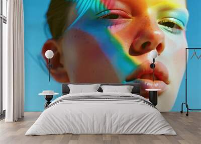 Colorful beauty in the sky creative makeup concept of woman with vibrant face paint, artistic expression and fashion theme Wall mural