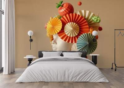 Colorful paper fans adorn mannequin's head in fashionable display of artistic beauty and creativity Wall mural