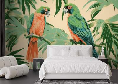 Colorful Parrot in Tropical Jungle: A Seamless Illustration of Exotic Bird on Green Leaves. Wall mural