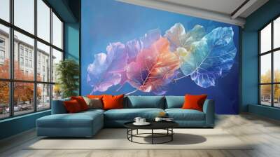 Colorful transparent leaves floating on a soft blue background, showcasing delicate veins and a blend of pastel hues Wall mural