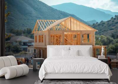 Construction workers building a house on a construction site with mountains in the background Wall mural