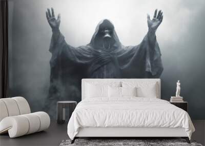 death evil fear hood halloween skeleton horror ghost creepy night. Generative AI. Wall mural