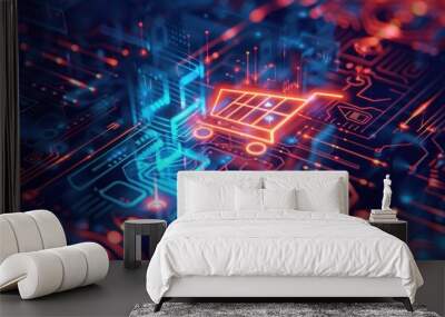 Digital shopping cart on a futuristic circuit board background in vibrant blue and orange hues Wall mural