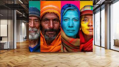 Diverse group of four people with colorful face paint, including man with beard and woman, in vibrant collage portrait Wall mural