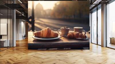 drink food croissant table france cup breakfast paris bar french. Generative AI. Wall mural