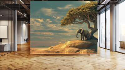 Elephant standing on top of rock with tree in front, nature travel adventure concept for wildlife safari trip Wall mural