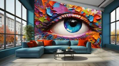 Fashion woman blue beauty macro female colorful closeup woman background eye makeup art Wall mural