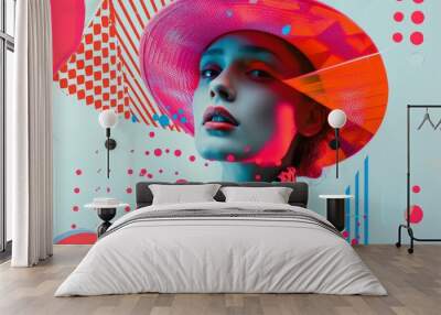 Fashionable woman wearing stylish hat and polka dot pattern face mask posing for a photo shoot Wall mural