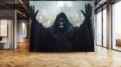 fear creepy death halloween evil skeleton ghost night hood horror. Generative AI. Wall mural