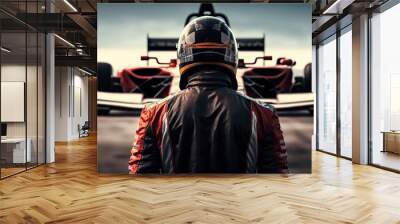 Formula 1 racer before the start of the race on the track in helmet and equipment view from the back against the background of the race car grandstands with the team. Banner copy space. Generative AI. Wall mural