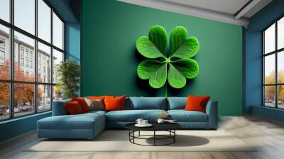 Four-leaf green clover for good luck on St. Patrick's Day, bright green background, holiday concept of spring, plant clover symbol. Generative AI Wall mural