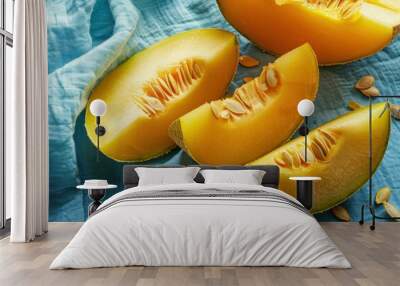 Fresh slices of ripe cantaloupe on a blue cloth background with seeds scattered around Wall mural