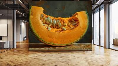 Freshly cut pumpkin half showcasing vibrant orange flesh and seeds on a textured dark background Wall mural