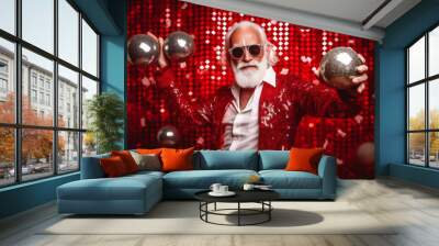 fun man glasses background trendy santa red party holiday celebration new christmas. Generative AI. Wall mural