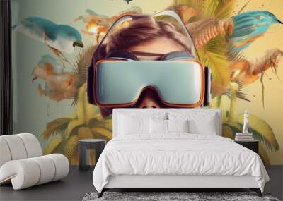 girl woman digital vr reality virtual travel technology glasses future abstract. Generative AI. Wall mural