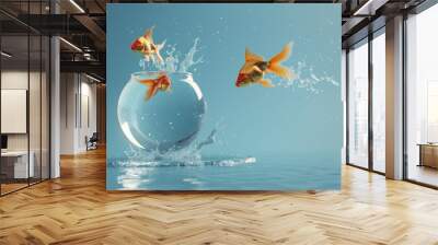 Goldfish jumping out of fish bowl with splashing water background adventure in aquatic world discovery Wall mural