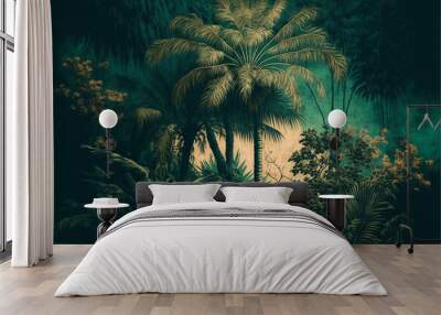 Green tropical forest with palm plants and leaves in vintage style, garden with lovely race flowers and leaves. Generative AI Wall mural