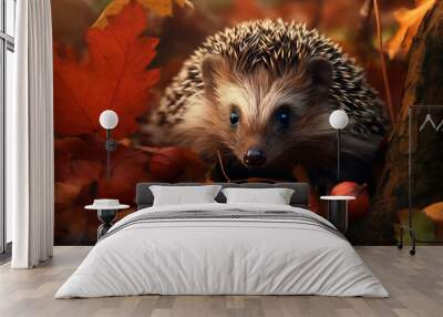 Green wild mammal forest animal wildlife european autumn hedgehog prickly nature horizontal Wall mural