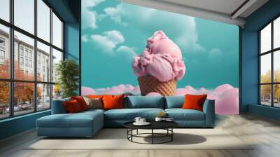 ice cream cloud concept pink art summer cream dessert blue ice. Generative AI. Wall mural