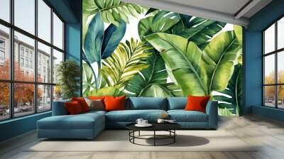 jungle background summer pattern monstera design leaf palm tropical trendy seamless. Generative AI. Wall mural