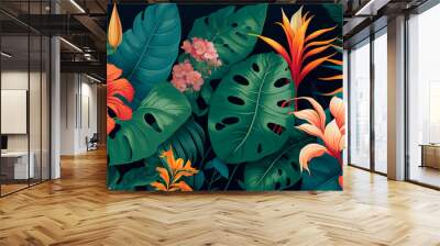 Jungle flower pattern with tropical palm leaves and flowers on dark background, mother's day card concept, women's day, wedding. Design with flowers space for text, copy space. Generative AI Wall mural